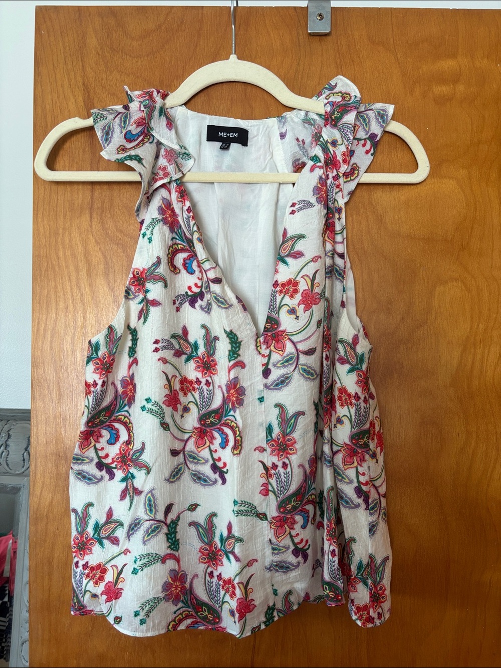 ME+EM White Floral Paisley Ruffle Shoulder Camisole